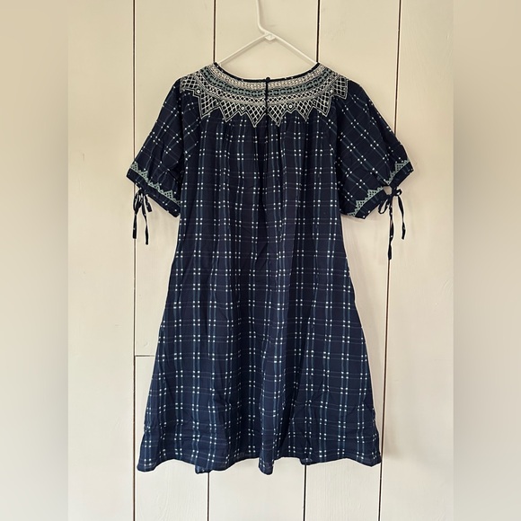 Madewell Embroidered Puff-Sleeve Babydoll Dress in Indigo Plaid Sz M - Picture 6 of 11